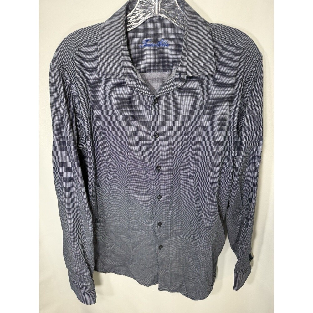TASSO ELBA Men's Button Up Dress Shirt Long Sleeve Blue White Micro Plaid Size M
